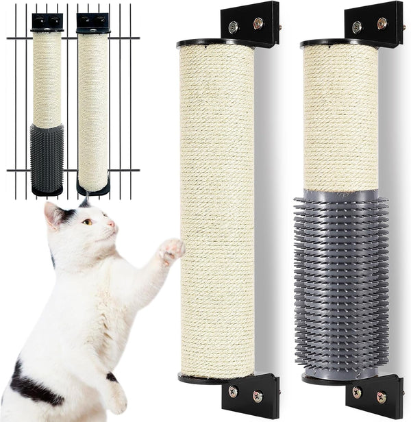 Cat Scratching Post Wall Mounted 2 Pack Cage Mount Cat Scratcher 2-In-1 Natural Sisal Kitty Scratch Posts with Self Groomer Massager for Scratch and Climbing 15.7X2.7In (White)1