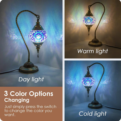 Turkish Moroccan Lamp with Bronze Base 3 Color Options Handmade Swan Neck Mosaic Glass Bedside Lamps for Bedroom (LED Bulb Included)(Blue2)2