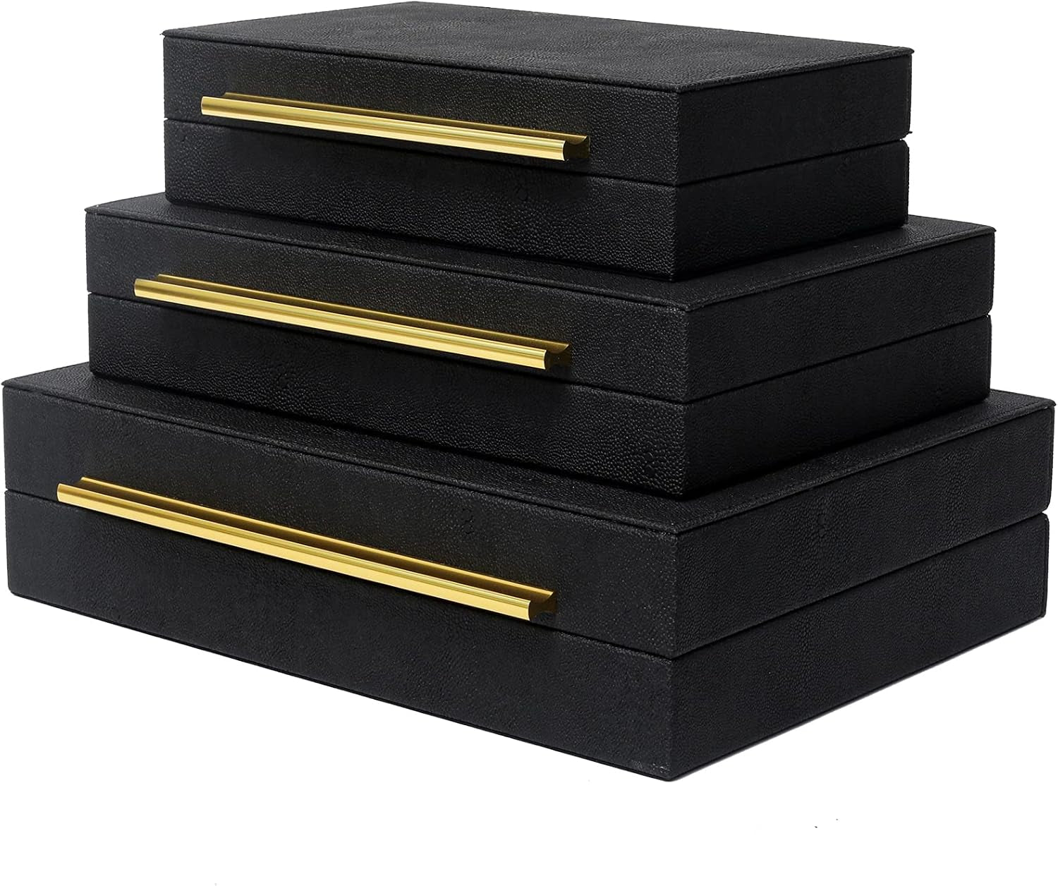 faux-shagreen-decorative-stackable-jewelry-storage-boxes-set-of-3-black-jewelry-organizers-with-gold-metal-handles-velvet-lining-modern-black-box-for-vanity-entryway-coffee-table-decor