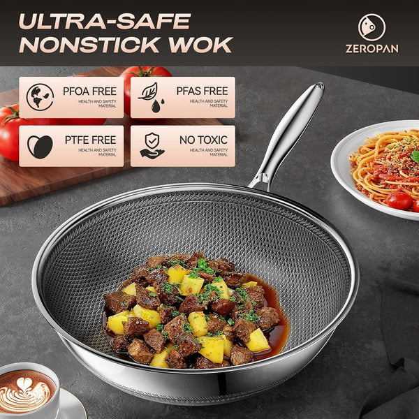 Wok,Hybrid 12-Inch Wok with Lid,Nonstick Stainless Steel Woks & Stir-Fry Pans,Dishwasher-Friendly,Pfas PFOA PTFE Free, Oven-Safe up to 600°F,Compatible with All Cooktops2