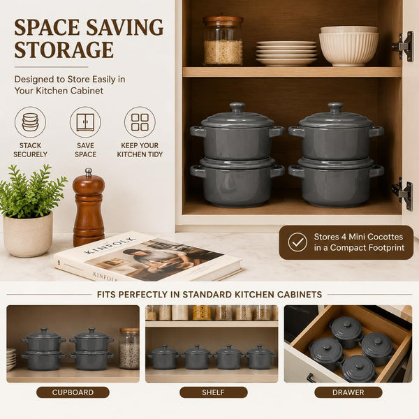 Mini Dutch Oven Set of 4, 14 Oz Ceramic Mini Dutch Ovens with Lids and Handles, Ramekins with Lids for French Onion Soup, Pot Pies, Soufflés and Baked Desserts, Oven Microwave Dishwasher Safe, Mini Cocotte, Grey5