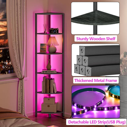 6 Tier Corner Shelf with LED Light, 67.5" Black Narrow Bookshelf | Tall Standing Shelf Organizer, Storage Rack for Wall Corner, Living Room, Bedroom, Metal Frame, Wood Display Shelf6