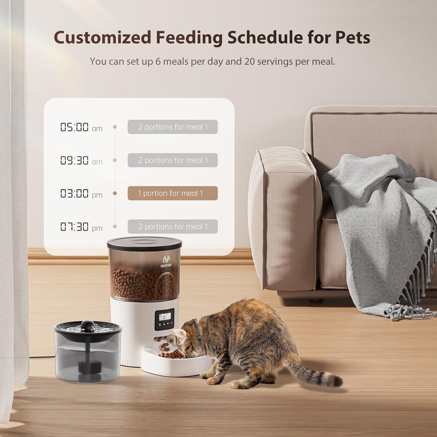 imipaw-automatic-cat-feeder-and-water-fountain-timed-dry-food-dispenser-programmable-portion-control-1-6-meals-per-day-desiccant-bag-cat-fountains-for-drinking-with-filter-small-pets-3l-combo
