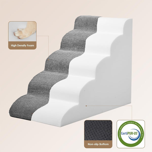 EHEYCIGA Curved Dog Stairs Ramp for 5-Step High Beds, 22.6" H Dog Steps | 33D Density of Pure Foam, for Small Dogs and Cats, Pet Stairs for High Bed Climbing, Non-Slip Balanced Pet Step Indoor, Grey2