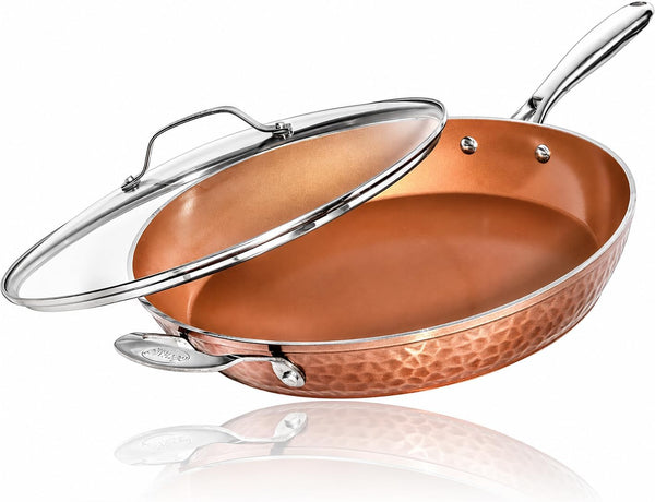 Hammered Copper 14 Inch Non Stick Frying Pan with Lid, Nonstick Frying Pan with Ceramic Coating and Induction Plate for Even Heating, Oven / Dishwasher Safe, 100% Healthy & Non Toxic | Extra Large Skillet, Induction Compatible, PFOA/PFOS/PTFE Free Ceramic Coating, Stay-Cool Handle, Oven & Dishwasher Safe1