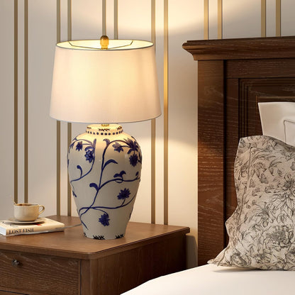 Tribesigns 27-Inch Table Lamp with Blue and White Porcelain Ginger Jar, Embossed Floral Ceramic Base with Fabric Shade for Living Room, Entryway, Nightstand for Bedroom3