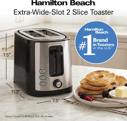 Extra-Wide Slot 2 Slice Toaster with Bagel & Defrost Buttons | Browning Control with 7 Shades | Auto Shutoff | Toast Boost | Slide-Out Crumb Tray | Black & Stainless Steel | 22633G8