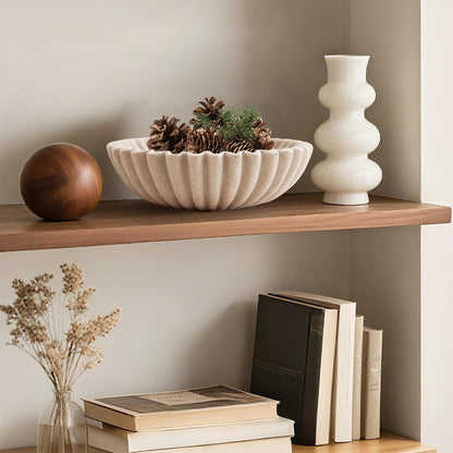 10'' Large Ruffle Decorative Fruit Bowl for Entryway Coffee Table Scalloped Purse Key Holder Kitchen Countertop Console Modern Organic Home Decor, Artificial Stone Beige7