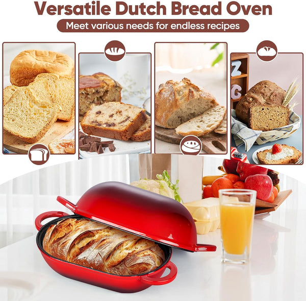 Enameled Cast Iron Bread Loaf Pan, 2 QT Oval Dutch Oven with Lid | for Sourdough Bread Baking, Enameled Meatloaf Loaf Baking Pan with Lid, Even Heat Distribution & Self-Basting, Red6