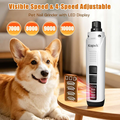 Dog Nail Grinder with 2 LED Lights, 4-Speed Pet Nail Grinder for Dogs&Cats | Kapvis Electric Dog Nail Trimmer Quiet, 2 Grinding Heads Included, Digital Display&2 LED Lights, 2.5Hr Charge for 480Min Use4