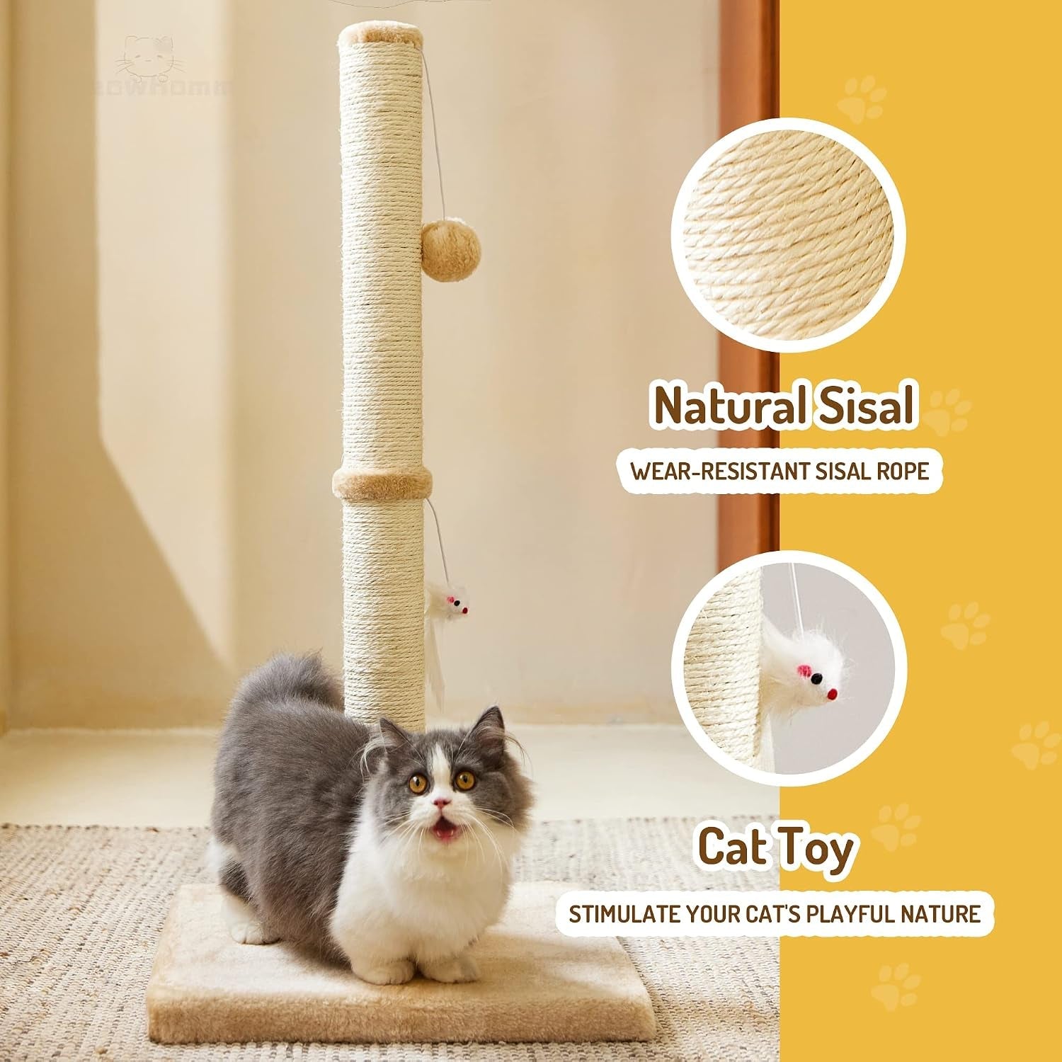 meowhomm-32-tall-cat-scratching-posts-for-indoor-cats-adults-with-2-hanging-ball-large-cat-scratch-post-cat-scratcher-includes-sisal-ropeyellow