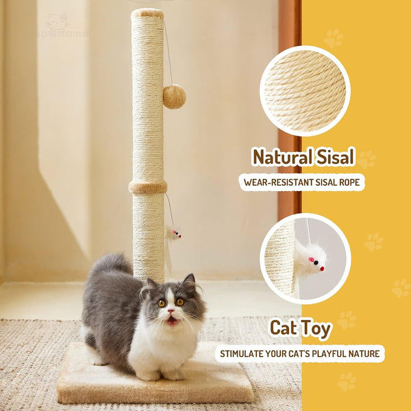 Meowhomm 32” Tall Cat Scratching Posts for Indoor Cats Adults with 2 Hanging Ball, Large Cat Scratch Post Cat Scratcher Includes Sisal Rope(Yellow)2