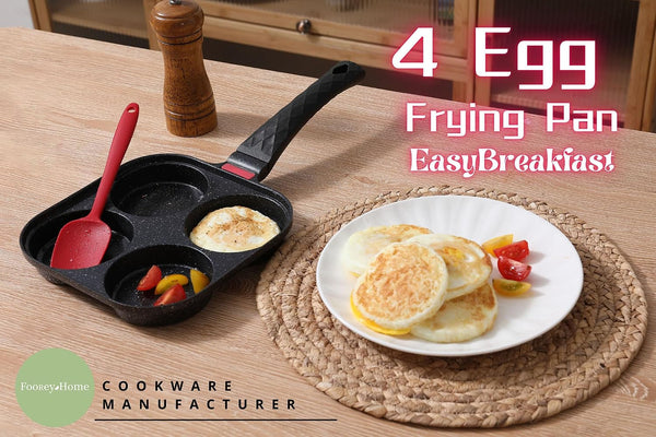 4-Cup Nonstick Egg Frying Pan Gas & Induction Omelette Skillet | Black 4-Hole Non Stick Egg Pan with 1 Spatula and 1 Brush. Perfect for Morning Pancakes, Bacon, and Quick Breakfast.2