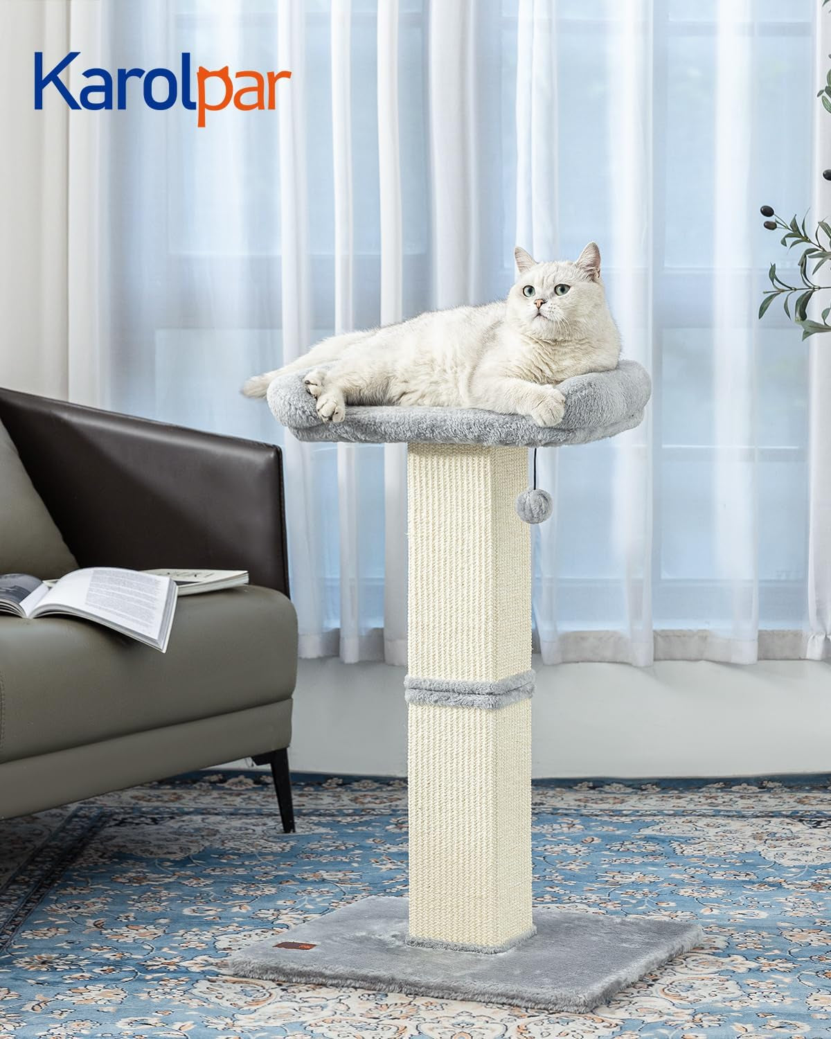 karolpar-32-cat-scratching-post-for-indoor-cats-sisal-cat-scratcher-with-plush-perch-large-scratch-post-with-bed-removable-cover-sisal-fabric-light-grey-natural-sisal-cat-scratcher-tower-large-scratch-post-with-bed-cat-tree-with-removable-cover