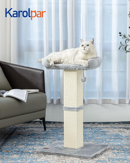 Karolpar 32" Cat Scratching Post for Indoor Cats, Sisal Cat Scratcher with Plush Perch, Large Scratch Post with Bed, Removable Cover, Sisal Fabric,Light Grey | Natural Sisal Cat Scratcher Tower, Large Scratch Post with Bed, Cat Tree with Removable Cover2