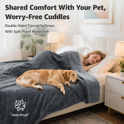 LOOBANI Waterproof Blanket for Bed, Soft Flannel Twin Bed Blanket 60" X 80" | Dog Pet Blankets for Large Dogs, Reversible Spill-Proof Throw for Couch Cover, Movie Time, Camping, Travel, Noise Free, Grey2