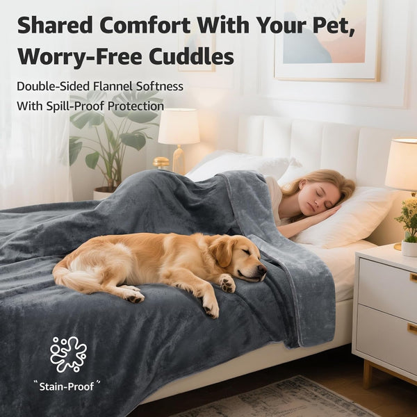 LOOBANI Waterproof Blanket for Bed, Soft Flannel Twin Bed Blanket 60" X 80" | Dog Pet Blankets for Large Dogs, Reversible Spill-Proof Throw for Couch Cover, Movie Time, Camping, Travel, Noise Free, Grey2