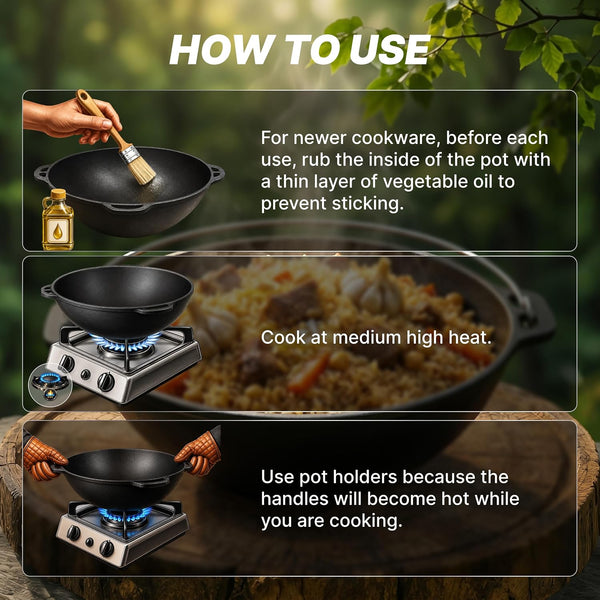 Kazan Uzbek Cast Iron Kazan for Plov Making Cookware Insulated Double Handle Pan Wide Mouth Cast Iron Dutch Oven, Outdoor Cooking Frying Pot, Lodge Cast Iron Skillet, 22 L5