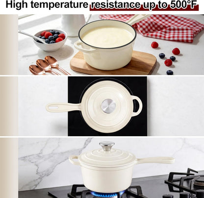 2Qt Enameled Cast Iron Sauce Pan,  Dutch Oven Pot with Lid, Non Stick Cooking Simmer Pots Induction Kitchen Cookware for All Cooktops Baking Bread, Soup, Ramen - up to 500°F, Cream White4