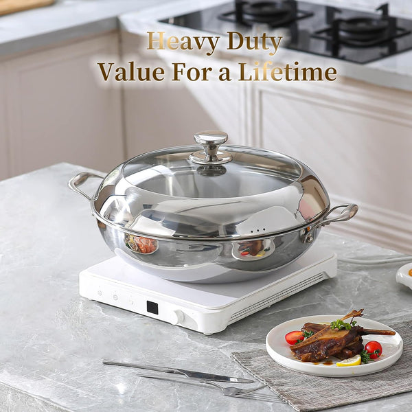 Tri-Ply Stainless Steel Wok Pan with Lid 14Inch, Healthy Non-Toxic Flat Bottom Induction Wok, Stir Fry Pan for Glass Top Stove up to 600℉(Not Including Lid5