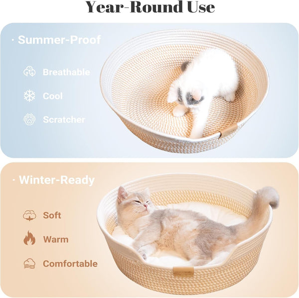 CHEERHOME PETS Cat Bed Basket with Cushion, Cotton Rope Woven Pet Bed for Indoor Cats Couch, Stimulicat Cat Bed Handwoven Breathable, All Season Universal (White)2