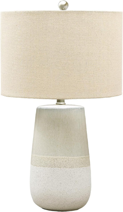 Signature Design by Ashley Shavon Ceramic Table Lamp, 26", 3-Way Switch | Textured Neutral Glazed Base, Beige and White Finish, Fabric Drum Shade, Versatile 3-Way Switch, Living Room Use1