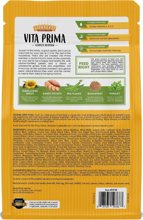 Sunseed Vitakraft Vita Prima Hamster and Gerbil Food 2 Lbs Bag - Instinctive Foraging Blend with Ancient Grains Essential Vitamins and Minerals - No Artificial Colors Flavors or Preservatives2