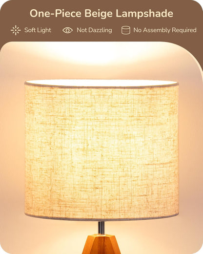 Tripod Table Lamp, Small Cute Bedside Lamp, 14.2 Inch, E26 Base | Light Brown Wooden Base, Linen Beige Lampshade, Nightstand Lamp for Nursery, Bedroom, Kid Room, Living Room3