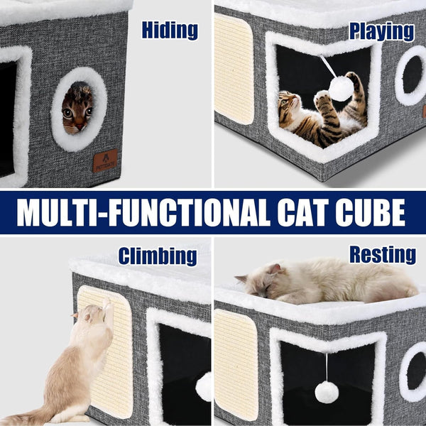 Cat Beds for Indoor Cats, Large Cat Cave Bed with Scratch Pad and Fluffy Ball, Foldable Cat Hideaway, Cat House with Reversible Cushion for Multi Small Pet up to 30LBS, Grey7
