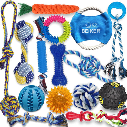Beiker Dog Teething Chew Toys - 15 Pack Small Medium Breed Puppy Toy, Variety Dogs Rope Chew Toys Bundle for Boredom, Pet Interactive Squeaky Treat Dispensing Ball for Puppies | Variety Rope Chew Toys Bundle for Boredom, Pet Interactive Squeaky Treat Dispensing Ball and Rubber Toys for Puppies1