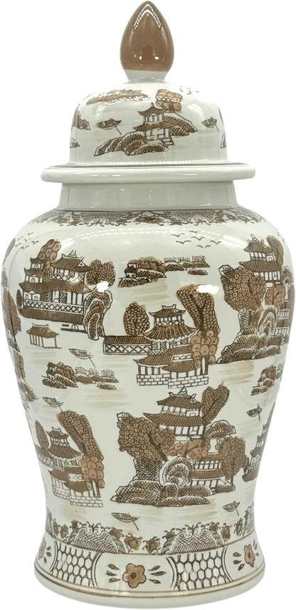 Large 25" Brown & White Classic Landscape Chinoiserie Ceramic Temple Jar W/Lid - Ginger Jar Home & Kitchen Decor for Interior Design - 25-Inch1