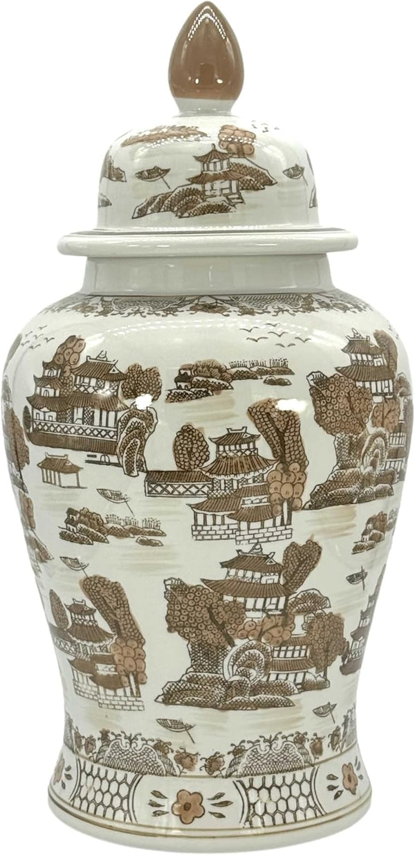 Large 25" Brown & White Classic Landscape Chinoiserie Ceramic Temple Jar W/Lid - Ginger Jar Home & Kitchen Decor for Interior Design - 25-Inch1