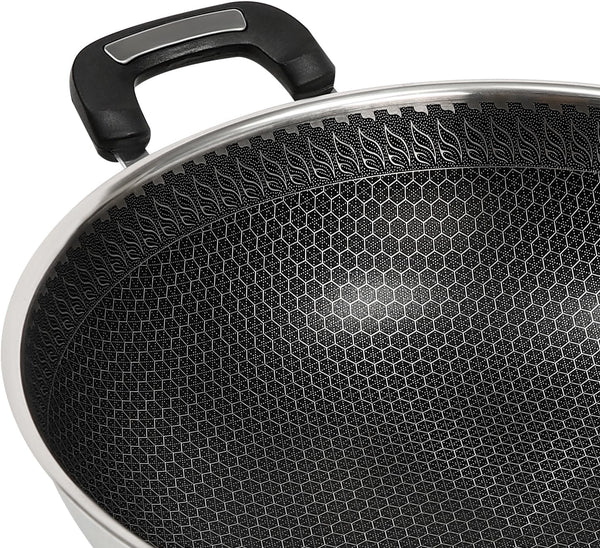 Stainless Steel Wok Pan Stir-Fry Wok Non Stick Frying Pan Honeycomb Skillet with Handle Lid for Gas Stove, Induction Cooker Ceramic Stove, Silver Black (13In-With Steamer Basket)7