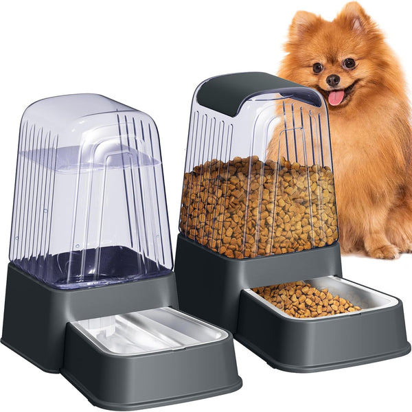 Automatic Dog and Cat Food Feeder and Water Dispenser Set with Stainless Steel Bowls,Gravity Pet Food and Water Feeders,100% Bpa-Free,Large Capacity for Cats Dogs Pets… (5L Dark Gray)1