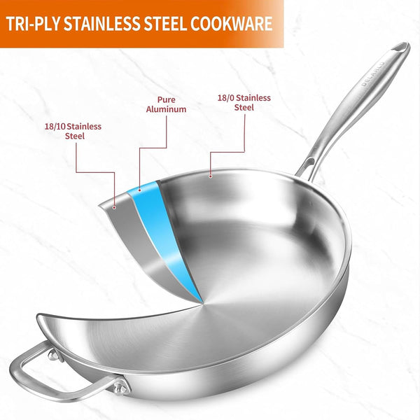 Tri-Ply Stainless Steel Pan with Lid 12Inch | Compatible with All Cooktops Heavy Duty Frying Pan with Lid, 18/10 Large Cooking Surface, Stainless Steel Skillet2