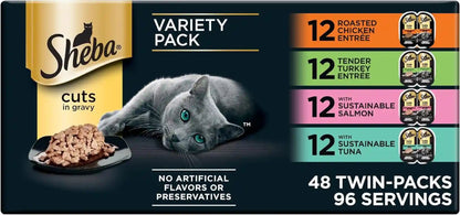 Sheba Perfect Portions Cuts Wet Cat Food, Multipack, 2.6 Oz, 24 Ct | Grain-Free, Chicken, Salmon & Turkey Flavors, Protein-Rich, No Corn or Soy, Essential Vitamins & Minerals, Twin-Pack Trays20
