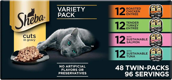 Sheba Perfect Portions Cuts Wet Cat Food, Multipack, 2.6 Oz, 24 Ct | Grain-Free, Chicken, Salmon & Turkey Flavors, Protein-Rich, No Corn or Soy, Essential Vitamins & Minerals, Twin-Pack Trays20