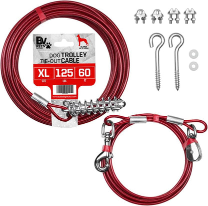 BV Dog Tie Out Cable 30 Feet - Heavy Duty Dog Lead up to 125 Pounds - Reflective & Rust-Free with Quick Release Swivel Clips & 360° Rotating Clasp - Tangle-Free Dogs Runner for Yard (Red, Single)15
