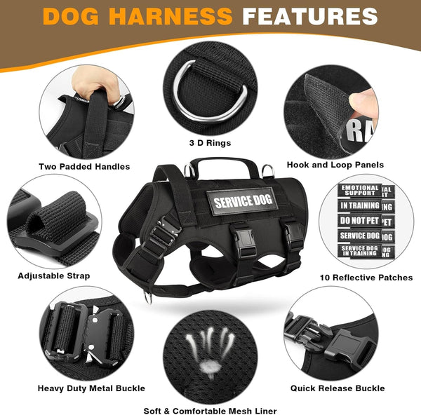 WINSEE Service Dog Vest Harness for Large Dog, Tactical Working MOLLE Vest with 10 Pet Patches, No Pull Heavy Duty Harness for Training Walking3