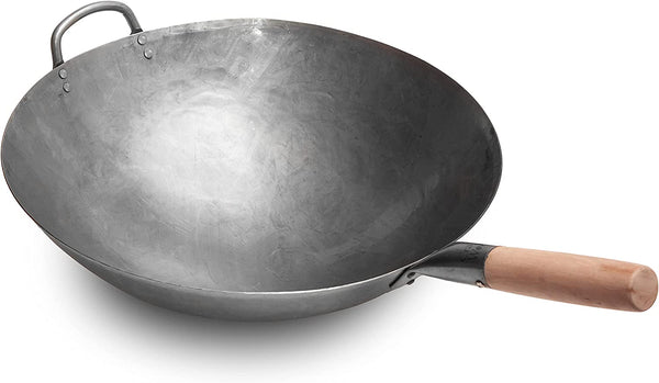 Big 16 Inch Heavy Hand Hammered Carbon Steel Pow Wok with Wooden and Steel Helper Handle (Round Bottom) / 731W1381