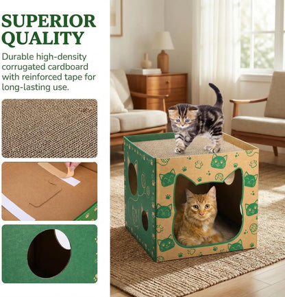 Pumtus 2 Pack Cardboard Cat Houses, Cat Play House with 2 PCS Scratching Pad, Corrugated Kitten Hideaway Cave, Cute Cats Condos Box, Cat Scratching Toy, Scratcher Bed for Indoor Cats, Kittens, Bunny3
