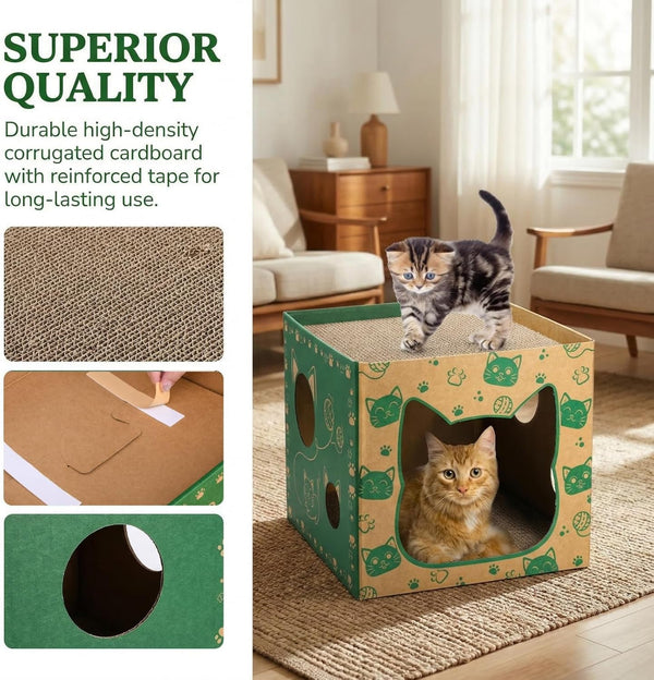 Pumtus 2 Pack Cardboard Cat Houses, Cat Play House with 2 PCS Scratching Pad, Corrugated Kitten Hideaway Cave, Cute Cats Condos Box, Cat Scratching Toy, Scratcher Bed for Indoor Cats, Kittens, Bunny3