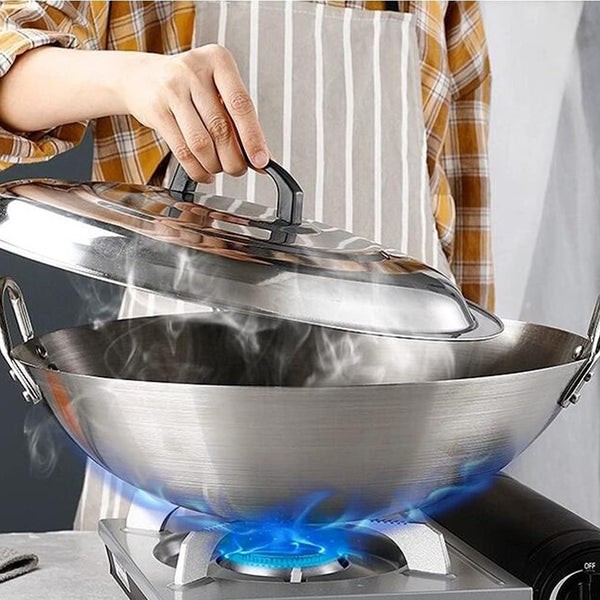 Stainless Steel Wok 12.59 Inch Double Ear Frying Pan with 2 Handles Practical Cooking Wok for Stir Frying Meat and Vegetables Home Kitchen Cookware7