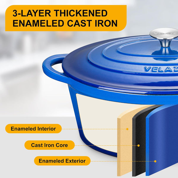 7.5 QT Oval Enameled Cast Iron Dutch Oven Pot with Lid,Blue | Whole Chicken Friendly,For Cooking,Frying, Stewing,Bread Baking,And Roasting,Oven Safe,Dual Handles,Non-Stick Coating4