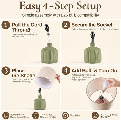 Ceramic Table Lamp, Oliver Green, 17.75" | Beige Linen Shade, Warm Ambient Lighting, Bedside Nightstand, Natural7