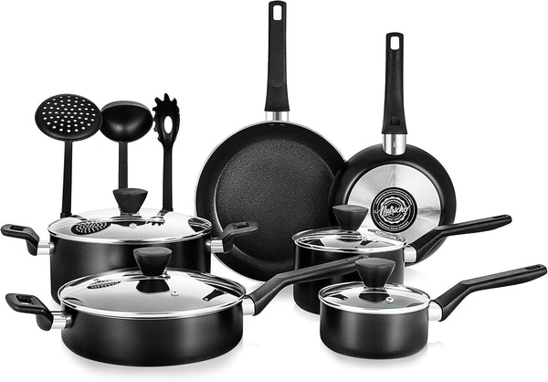 kitchen 13-Piece Nonstick Kitchen Cookware Set -PTFE/PFOA/PFOS Free Heat Resistant Kitchen Ware Pots Pan Set W/ Saucepan,Frying Pans,Cooking Pots,Casserole,Lids,Ladle,Fork,Strainer-Nccwa13.51