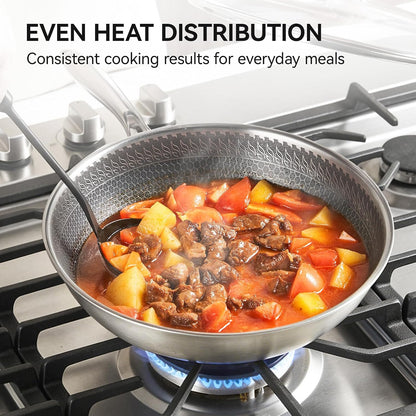 12.2 Inch Stainless Steel Honeycomb Wok Pan with Glass Lid, 3-Ply 18/10 Stainless Steel Stir Fry Pan, Flat Bottom Wok for Induction, Gas, Electric and Glass Stoves, 4.2 QT3