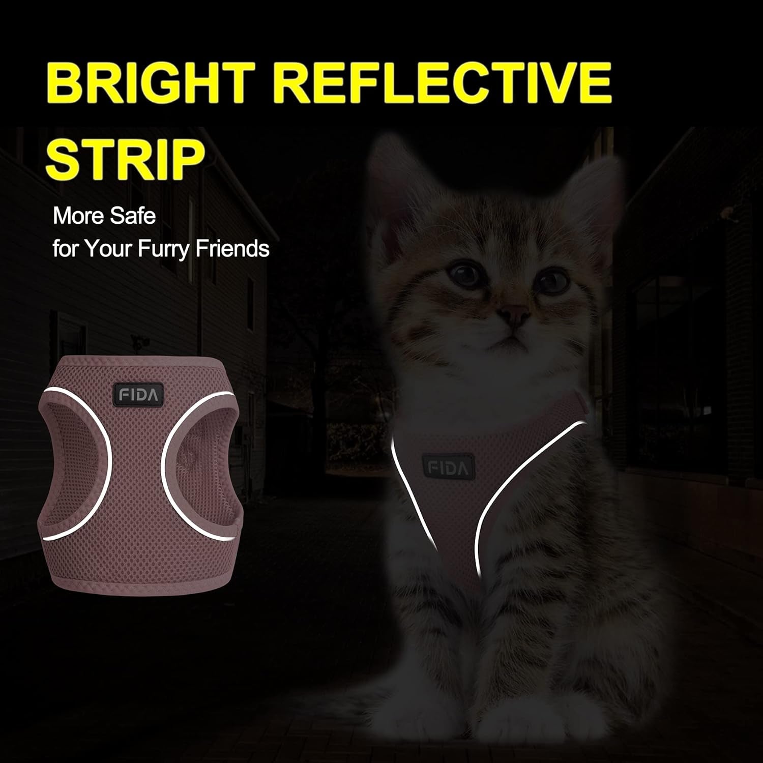 fida-cat-harness-and-leash-set-for-walking-kitten-and-puppy-escape-proof-kitten-harness-with-breathable-lightweight-soft-mesh-adjustable-reflective-step-in-design-xxxs-pink