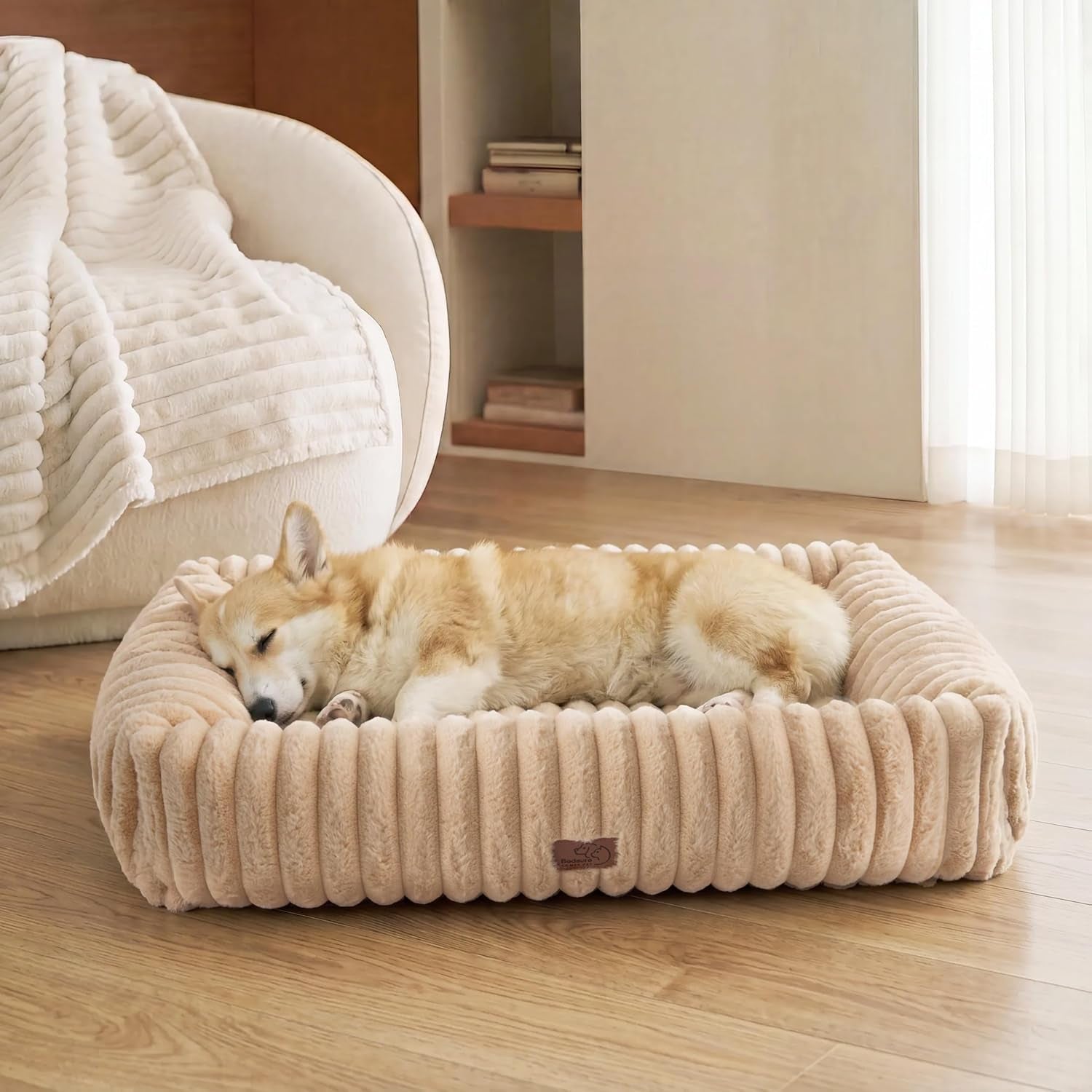 bedsure-comfyfleece™-cute-dog-bed-for-small-medium-dogs-washable-25in-cream-furry-puppy-beds-square-rectangle-orthopedic-corduroy-aesthetic-pet-beds-removable-zipper-cover-non-slip-bottom-up-to-15-lbs