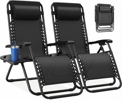 Zero Gravity Chairs Set of 2, Lounge Chair Folding Portable Adjustable Camping Reclining Chairs with Adjustable Pollow, Mesh Back, Cup Holder Trays Lawn Patio Chair for Pool Beach | Portable Lawn Camping Recliner with Adjustable Pillow, Mesh Back, Cup Hol1